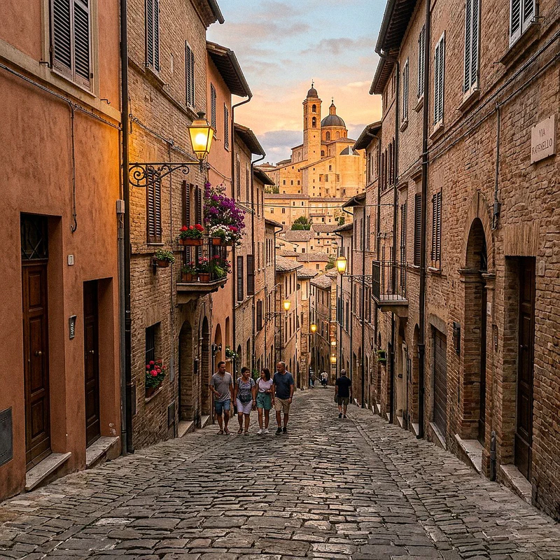 A steep medieval street in the historic center of Urbino