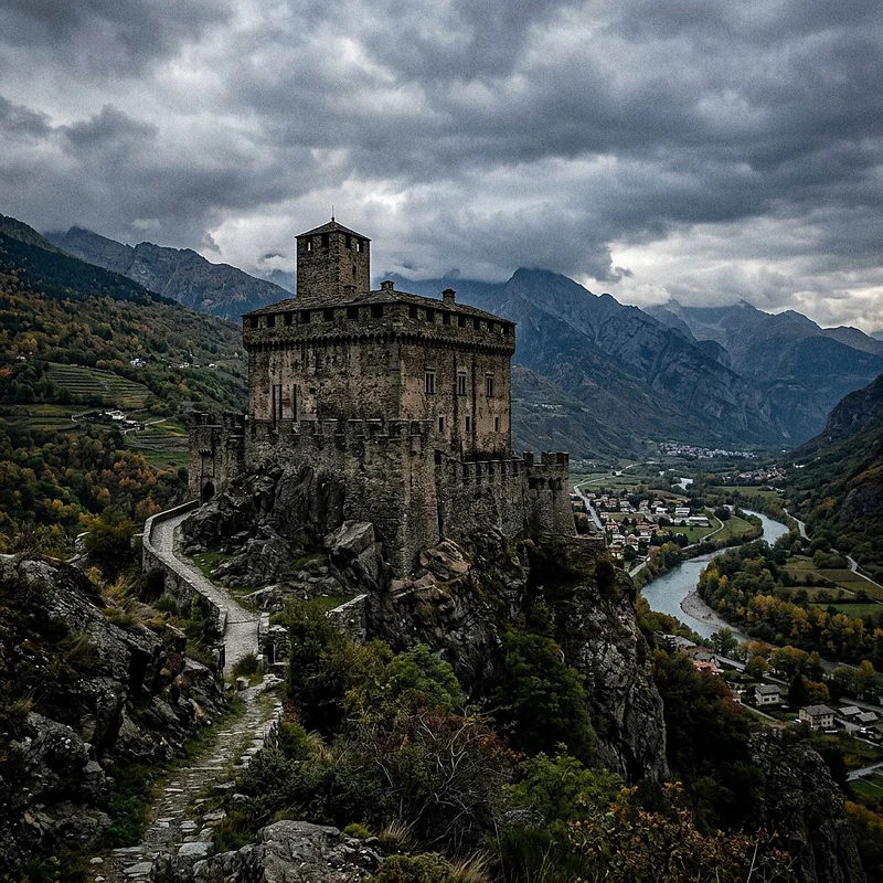 The monolithic Verrès Castle perched on the promontory