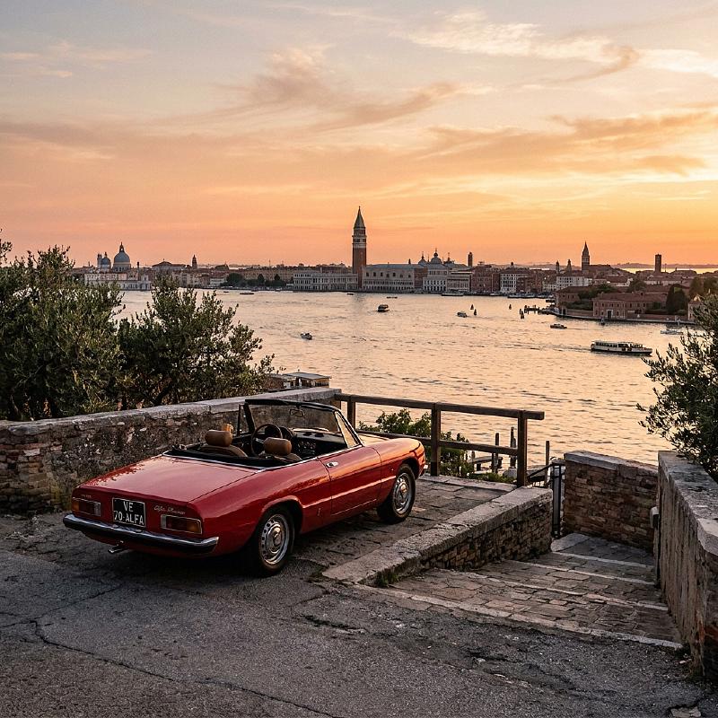 A vintage Alfa Romeo parked overlooking the Venice lagoon at sunset