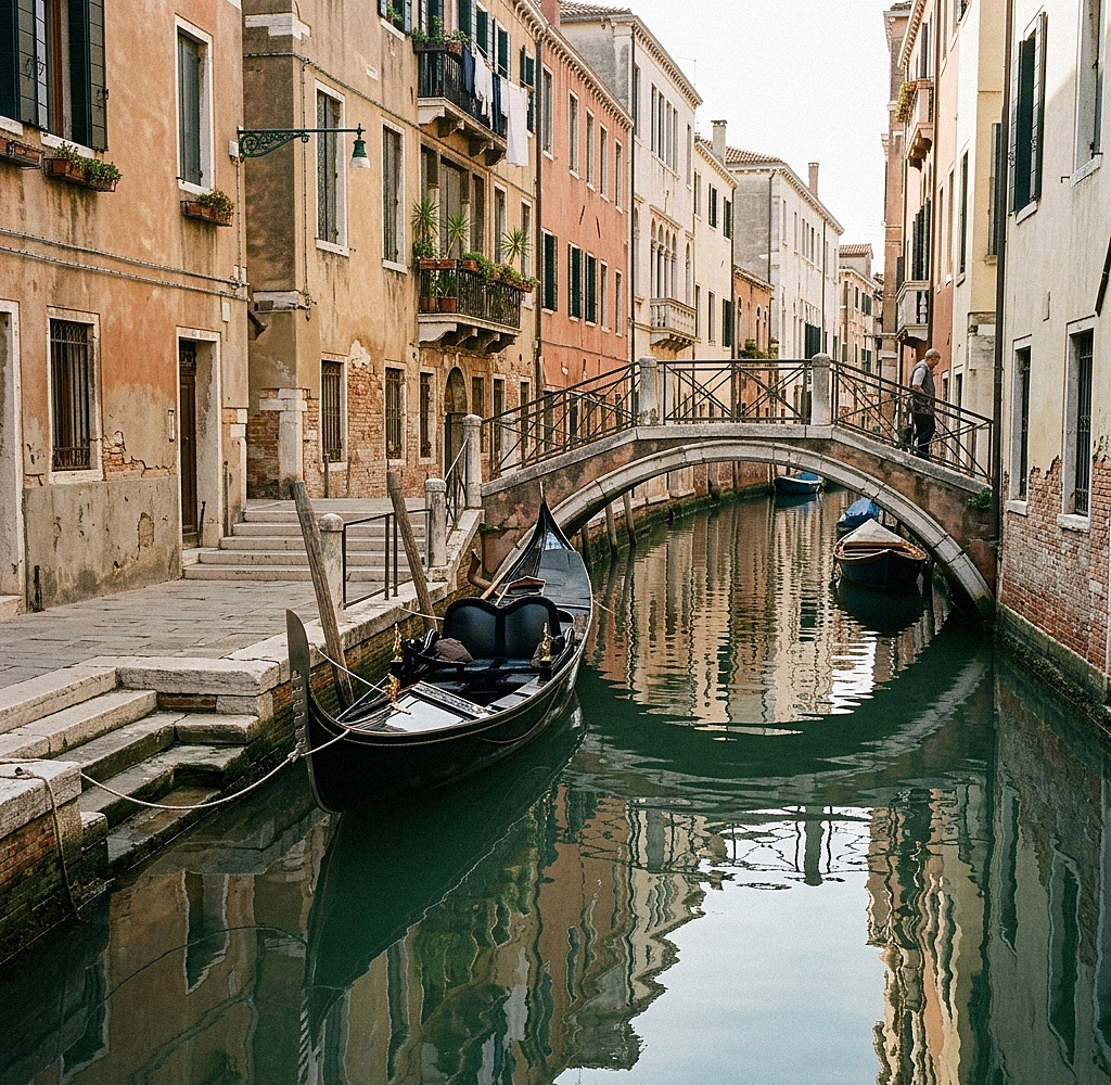 Un canale secondario tranquillo a Venezia con riflessi sull'acqua e facciate storiche