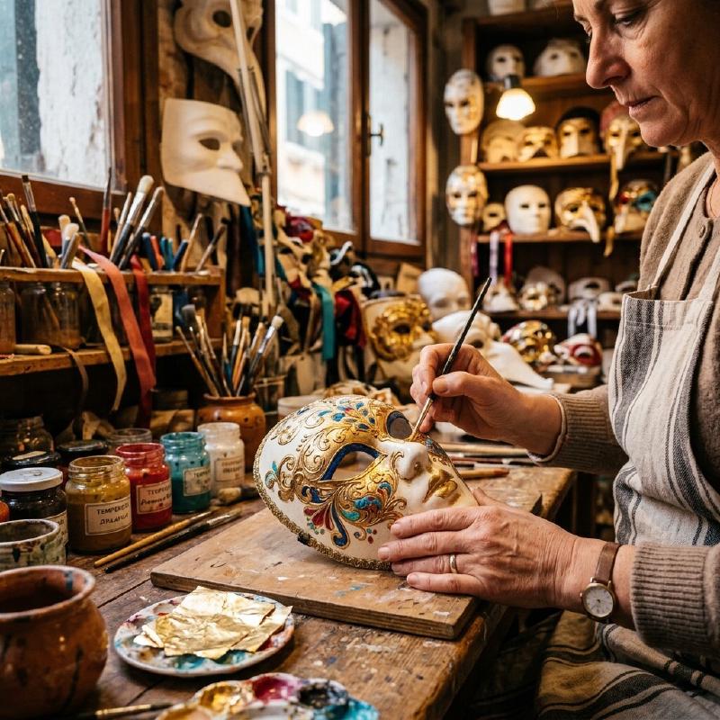 A close-up of a mask being hand-painted with gold leaf and vibrant colors in a Venetian workshop