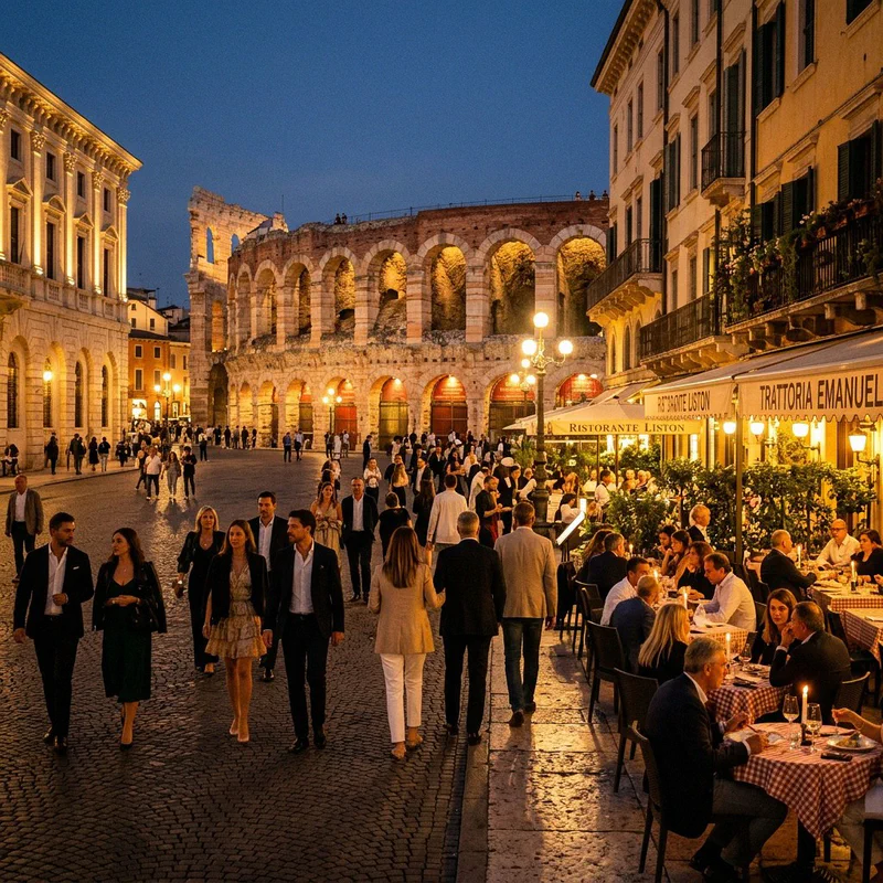 Piazza Bra in Verona lit up at night