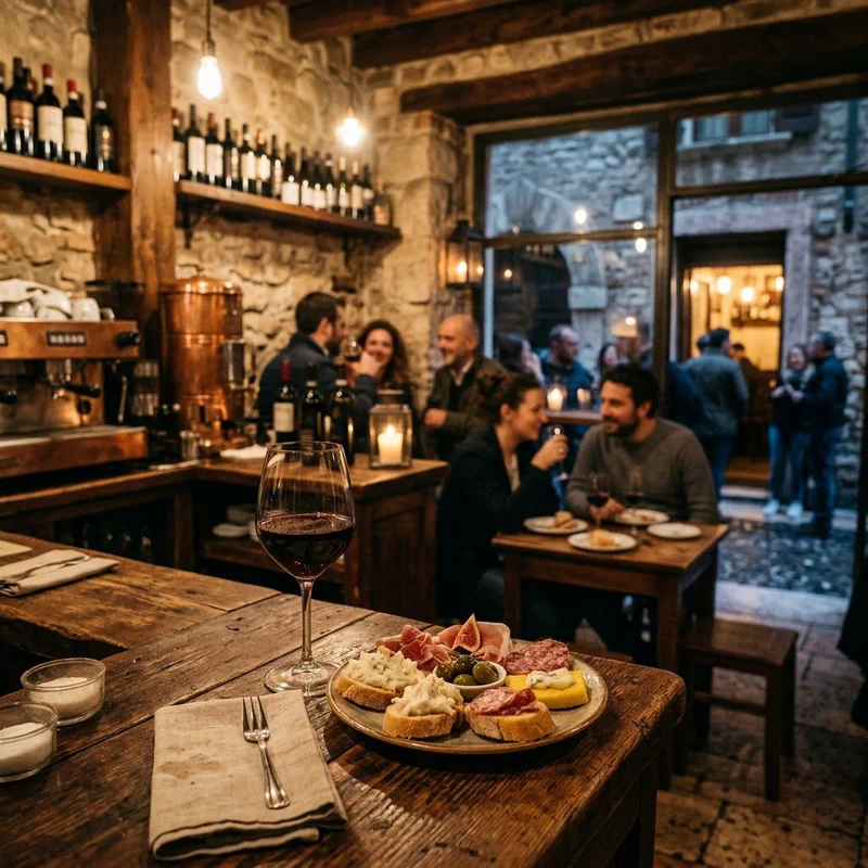 Cozy interior of a traditional osteria in Verona with wooden tables and wine bottles