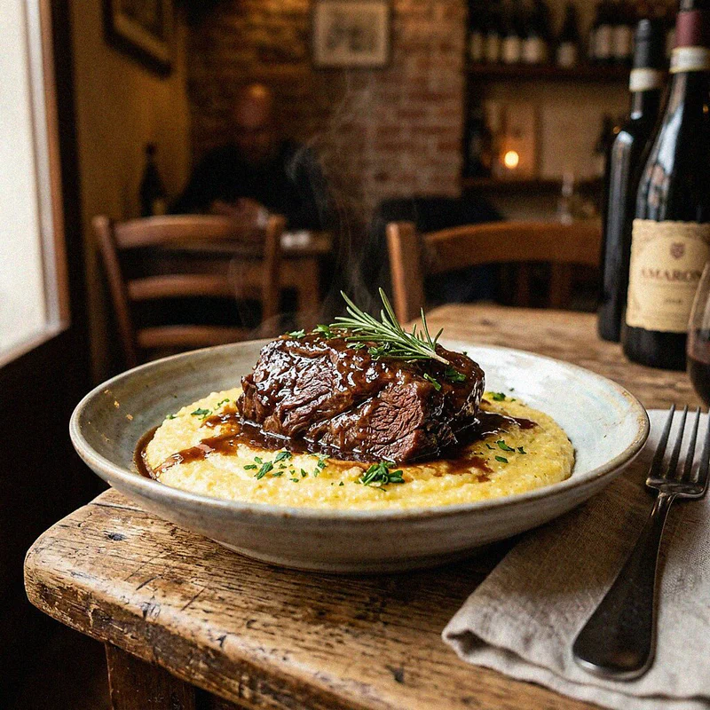 Beef cheek braised in Amarone served with soft polenta
