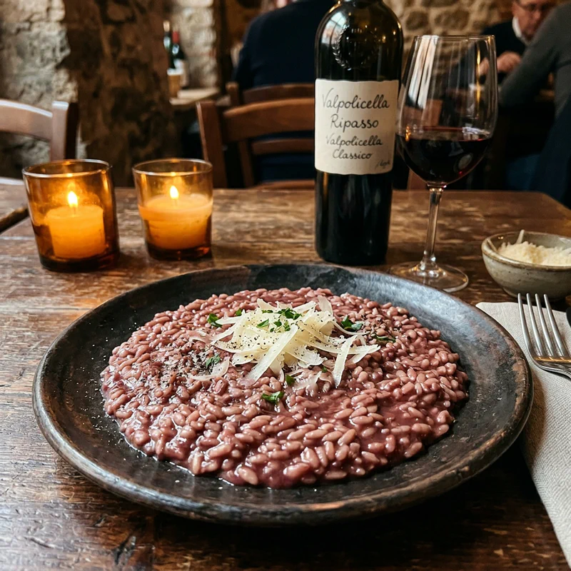 A creamy plate of Risotto all'Amarone topped with Monte Veronese cheese shavings