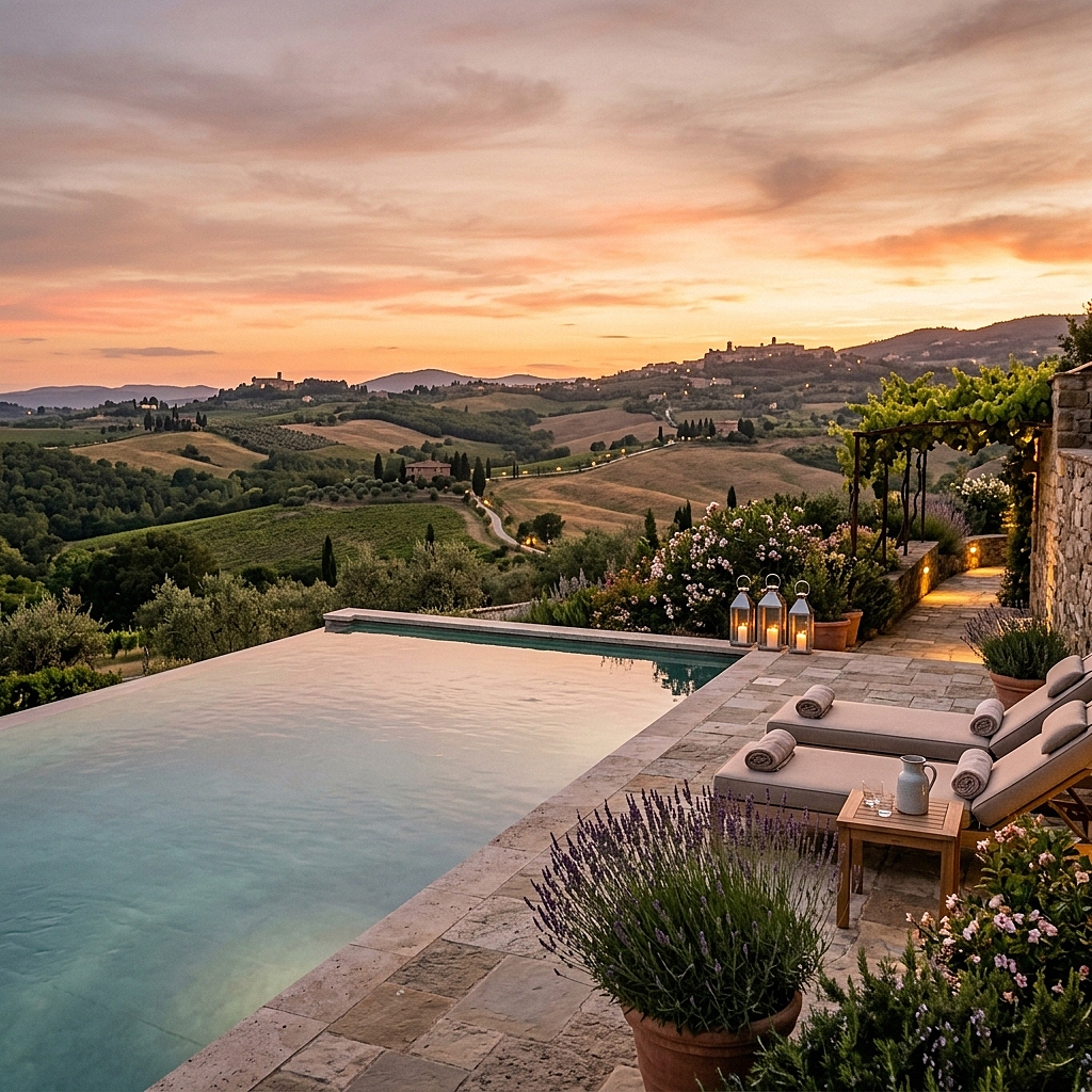 Una tranquilla piscina a sfioro con vista sulle colline italiane al tramonto