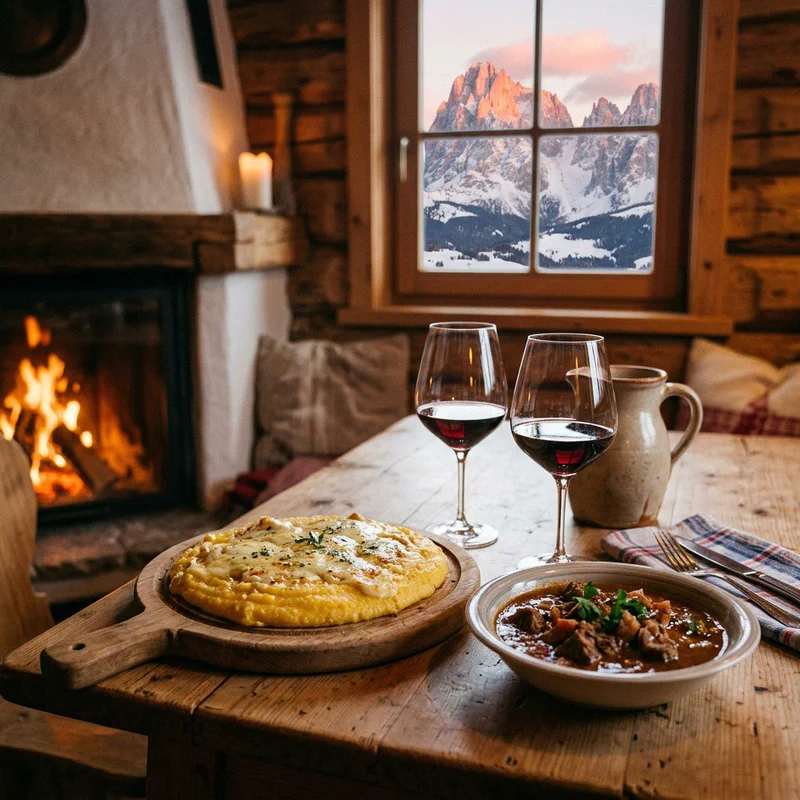 Teller mit dampfender Polenta, Käse und Goulasch, begleitet von zwei Gläsern rotem Teroldego-Wein in einer gemütlichen Berghütte