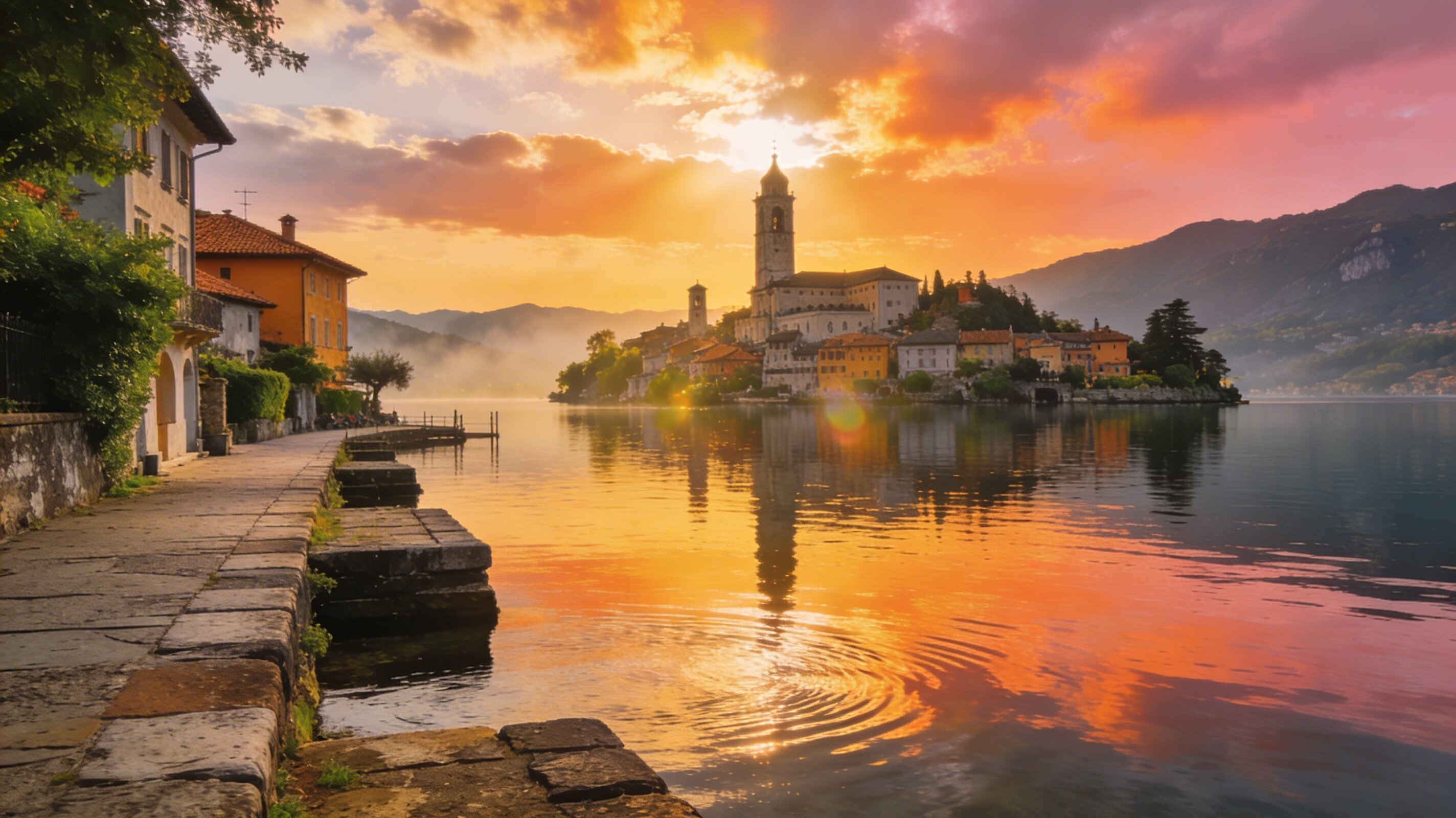 Goldener Sonnenuntergang am Ortasee mit Orta San Giulio im Vordergrund und den Alpen im Hintergrund