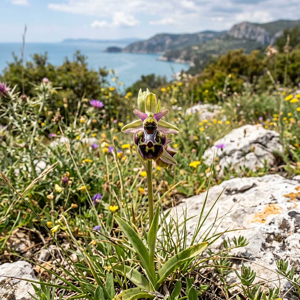 Eine seltene wilde Orchidee im Vordergrund auf den Kalksteinwiesen des Gargano