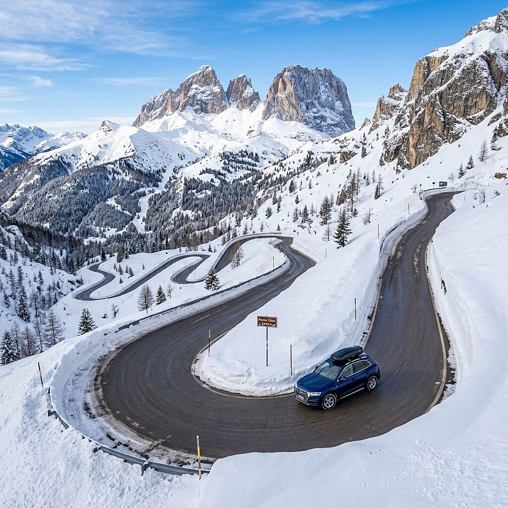 Tornanti innevati nelle Dolomiti durante il road trip verso Cortina